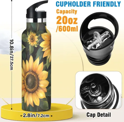 Vista 2 de Trendy Sunflower Oil Painting Style Leak Proof & BPA Free Sports Insulated Water Bottle With Straws Leak-proof Hot & Cold Double Walled for