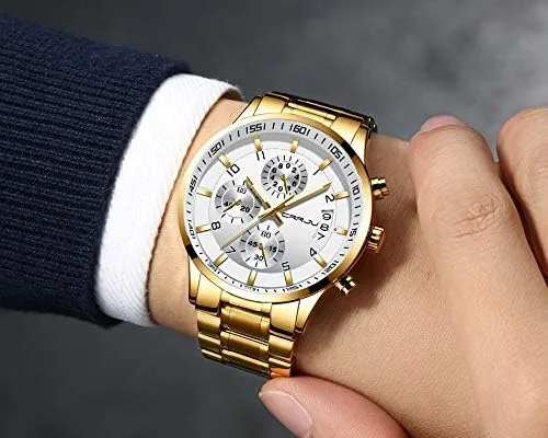 Vista 4 de CRRJU - Reloj de pulsera de acero inoxidable para hombre resistente al agua cronógrafo correa de acero inoxidable