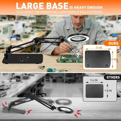 Vista 4 de Lámpara de lupa de 10 aumentos con luz y soporte, 2,200 lúmenes, luz iluminada con atenuación sin escalones en 3 colores, 4 pilares de PCB y lámpara