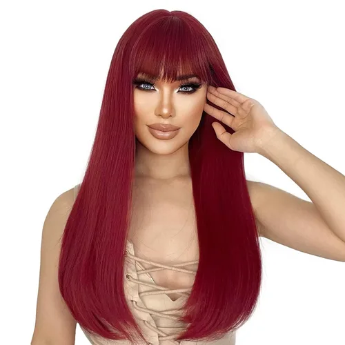 Vista 8 de Pelucas castañas para mujer, peluca larga y recta con flequillo, color marrón rojizo, cosplay, resistente al calor, peluca sintética de cobre rojo