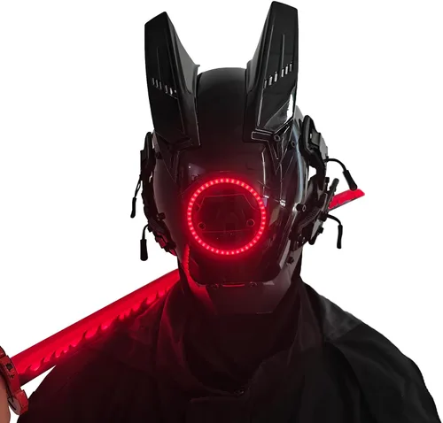 Vista 7 de Techwear - Máscara punk, máscara de samurái con luz LED, máscara de anime para cosplay de Halloween