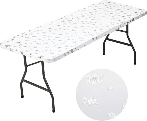 Vista 12 de Mixweer 1 Pza Mantel de Copo de Nieve Borde Elástico Ajuste Ceñido Rectangular Cubierta de Mesa Plegable 6 Pies, 30 x 72'' Tela de Poliéster