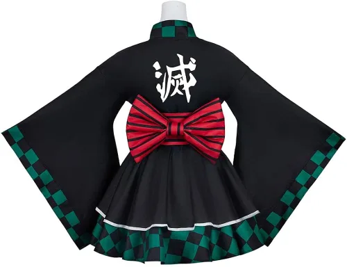 Vista 5 de BYHai Kimono de anime japonés Lolita Demon Slayer Kamado Tanjirou Cosplay Kimono Maid Cosplay