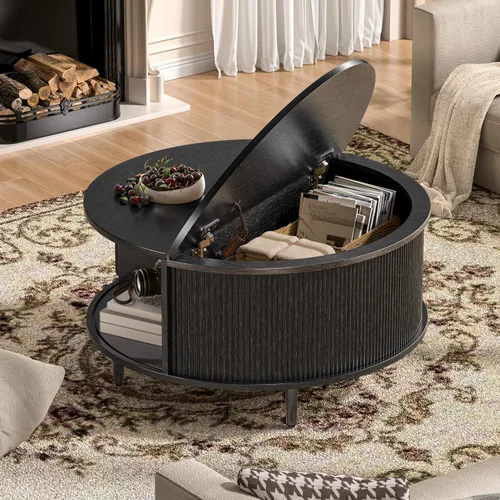 Vista 3 de Mesa auxiliar redonda, mesa central acanalada de 31.5 pulgadas con almacenamiento, mesa de centro elevable con almohadillas ajustables, puerta Negro