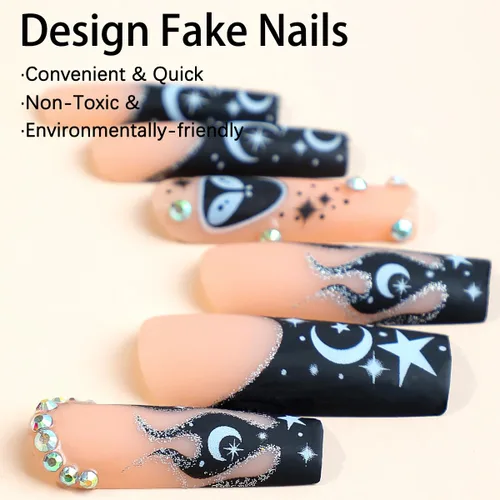 Vista 3 de Uñas postizas cuadradas extralargas a presión, uñas postizas francesas negras con pegamento con diseños de estrella, luna y llama, diamantes de Long