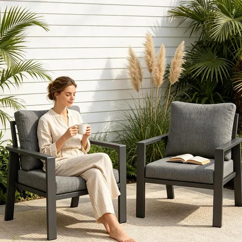 Vista 15 de Juego de muebles de aluminio para exteriores para todo tipo de clima, sofá seccional con mesa auxiliar y cojines con fundas extraíbles para terraza