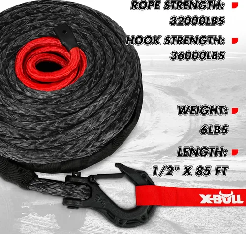Vista 2 de X-BULL Cuerda de cabrestante sintética – Kit de cable -1/2" x 85 pies, 32000 libras línea de cabrestante con funda protectora, gancho de cabrestante