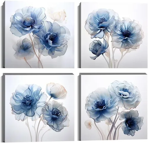 Vista 71 de Wall HDQ Arte de pared de flores para baño, dormitorio, sala de estar, decoración de pared azul y naranja, pintura floral, lienzo impreso, imagen