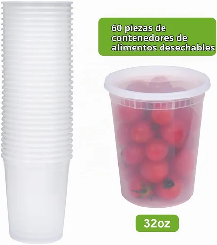 Vista 2 de Moretoes - Recipientes de 32 onzas con tapas, paquete de 60 vasos de almacenamiento de alimentos Heavy Duty Leakproof Airtight BPA-Free Food