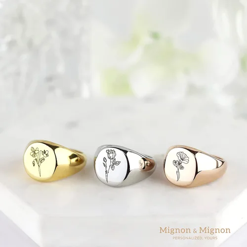 Vista 2 de MignonandMignon Anillo de sello, joyería de flores, regalo personalizado para su soplador de nacimiento floral, sello grabado personalizado Navidad