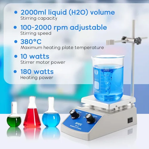 Vista 2 de HYCC Agitador magnético mezclador de placa caliente 33.8 fl oz capacidad de agitación 5 x 5 pulgadas Max 716 F y agitador de 100 a 2000 RPM, barra