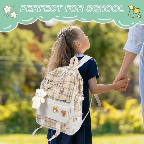 Vista 7 de Juego de 5 mochilas escolares de lona con colgante de oso kawaii, lindos alfileres a cuadros, asa a cuadros, bolsa de hombro