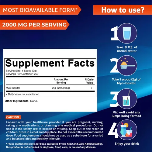 Vista 2 de Vitamatic Myo-inositol en polvo 2000 mg por porción 17.64 oz (250 porciones) Polvo puro Sin azúcar Sin rellenos Sin OMG Suplemento