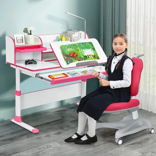 Vista 2 de Costzon Escritorio para niños, de 48 x 24 x 33 a 43 pulgadas, escritorio de estudio de altura ajustable con cajón, escritorio inclinado, estuche