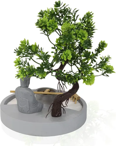 Vista 4 de Portavelas Zen Garden de forma redonda, con una mini estatua de Buda y un árbol bonsái, un arte japonés perfecto para relajación y meditación