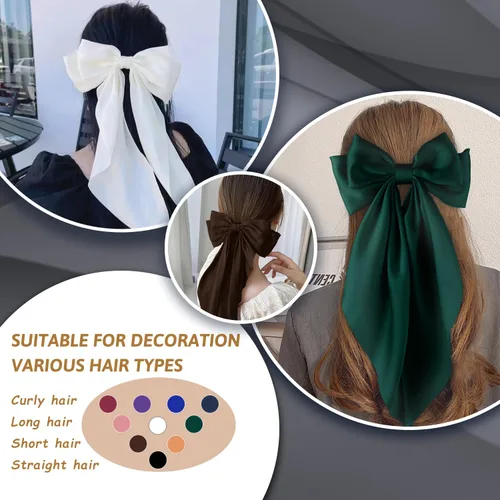 Vista 7 de Lazos para el pelo para mujeres y niñas, 10 piezas de lazos grandes, pinzas para el cabello, lazos de satén sedoso, lazo grande en capas, accesorios