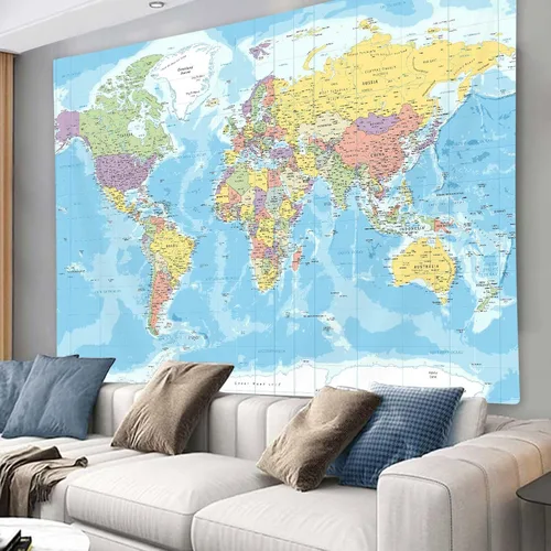 Vista 9 de ICTEISOM Tapiz de mapa del mundo para niños estudiantes, mapa del mundo con países y ciudades principales, tapiz de arte de pared póster tapices