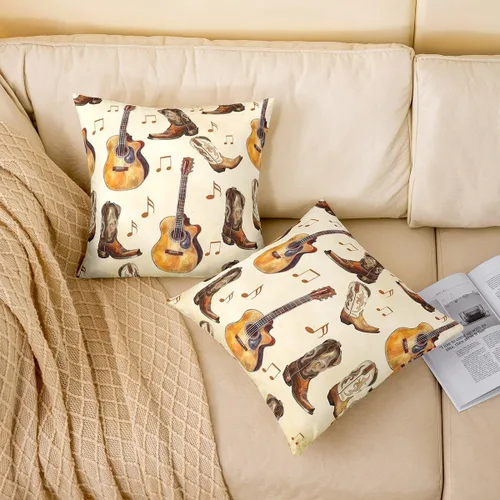 Vista 2 de Castle Fairy Cowboy Boots Throw Pillow Cover 16"x16" Bohemia Musical Guitar Pillowcase Western Rustic Cowgirl Reversible Print Cushion Cover Music