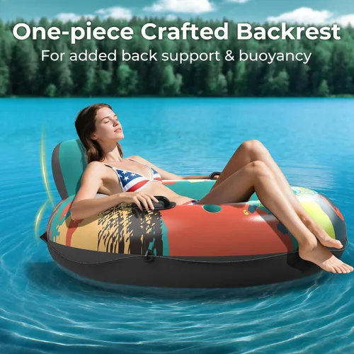Vista 4 de Flotador de tubo de río resistente de 53 pulgadas para adultos, flotador inflable para piscina, lago y playa con portavasos incorporados, respaldo