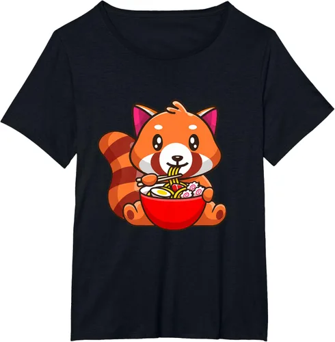 Vista 17 de Camiseta Kawaii Anime Red Panda Eating Ramen Noodles, Negro, S