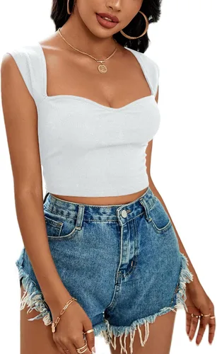 Vista 4 de LYANER Camiseta corta de punto acanalado con cuello cuadrado para mujer, sin mangas, ajustada, color liso