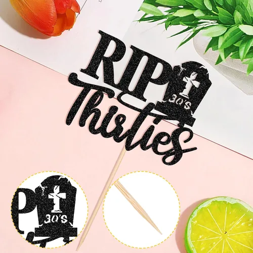 Vista 3 de 1 decoración para tartas Rip Thirties con purpurina negra de la muerte a mis treinta, decoración de pastel Rip to My 30s para funeral de los años