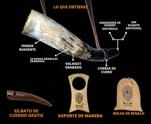 Vista 3 de Juego de cuerno de soplado rústico vikingo con soporte de madera y silbato, decoración de estilo tribal auténtico e instrumento de trompeta