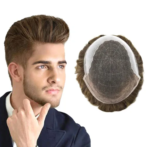 Vista 78 de Toupee para hombres pieza de pelo suave suizo encaje real sistema de cabello humano reemplazo blanqueado nudo mens tupé sistema de pelo para hombres