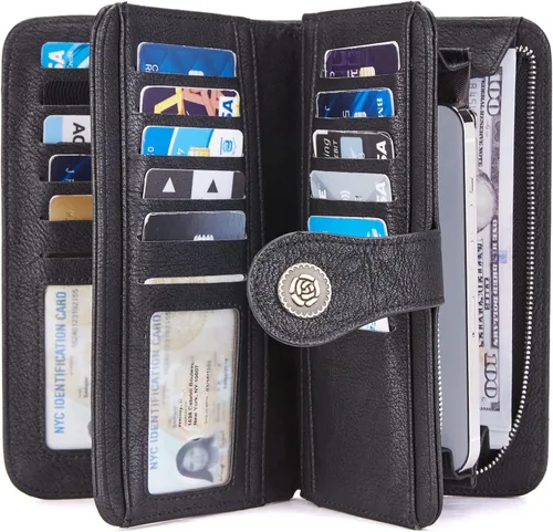 Vista 2 de Telena Billeteras de cuero para mujer con diseño de cartera de triple, para tarjetas de crédito, 4-negro-1, Vintage