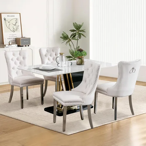 Vista 58 de Juego de 2 sillas de comedor tapizadas de tela de lino, sillas de cocina modernas de mediados de siglo con respaldo alto, ribete de cabeza de clavo
