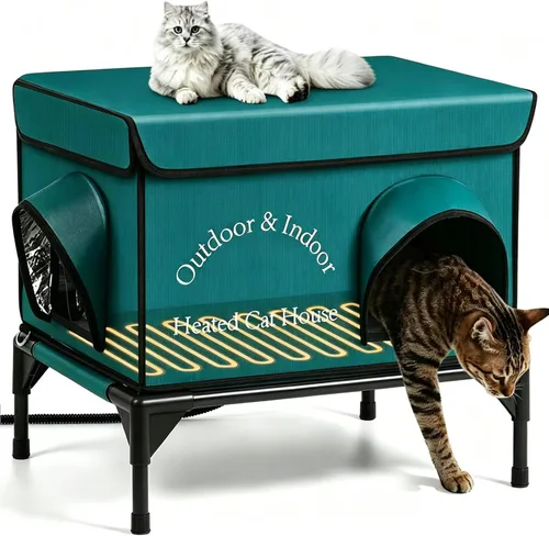 Vista 8 de Casa climatizada para gatos exteriores en invierno, refugio aislado para gatos con almohadilla térmica para gatos, 2 puertas, casa elevada
