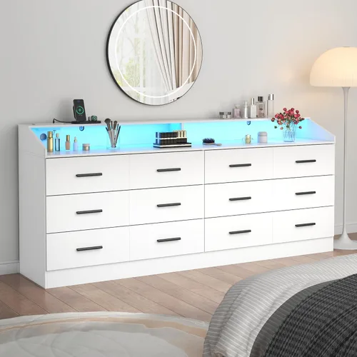 Vista 15 de Gyfimoie Cómoda de 6 cajones con toma de corriente, cómoda con luz LED, cómoda moderna con cubículo de almacenamiento abierto, organizador de Negro