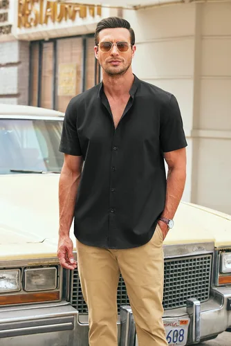 Vista 2 de COOFANDY Camisa casual de lino con cuello de banda y botones para hombre