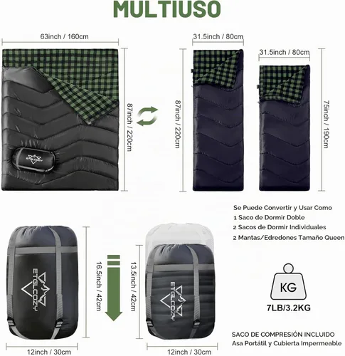 Vista 2 de XL Queen Size Double Sleeping Bag for 2 Adults Camping Negro/Verde
