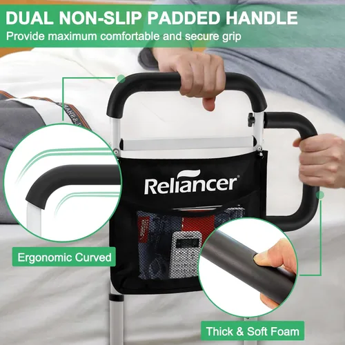 Vista 8 de RELIANCER Barandilla de seguridad para cama para adultos mayores con pata de apoyo, barra de apoyo de asistencia de doble asa para personas mayores