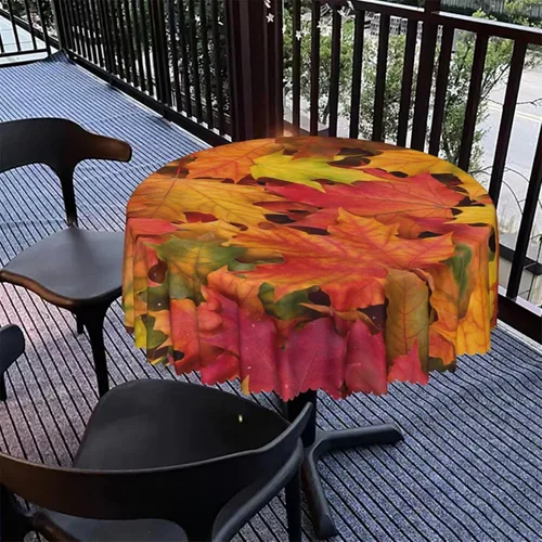 Vista 5 de Manteles redondos con temática de hojas de otoño, 48 pulgadas, tela impermeable, decorativo, reutilizable, lavable, a prueba de derrames, resistente