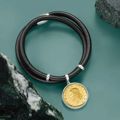 Vista 5 de Ross-Simons Italian Genuine 20-Lira Coin Charm and Black Leather Bracelet With Sterling Silver