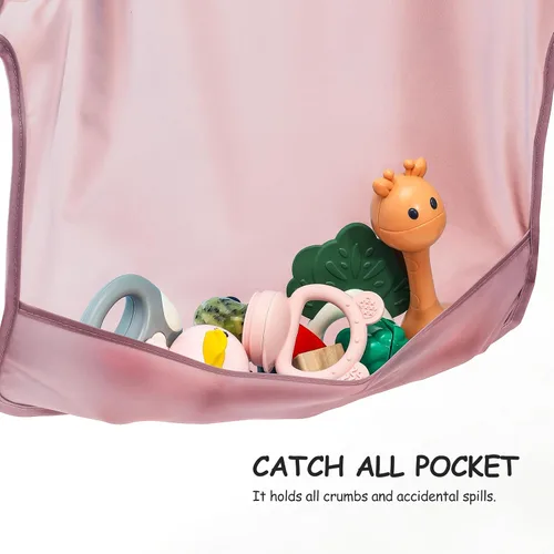 Vista 6 de POIKSHARK Paquete de 4 baberos de manga larga, bata impermeable para bebés de 6 a 30 meses, babero reutilizable con bolsillo para llevar, color rosa