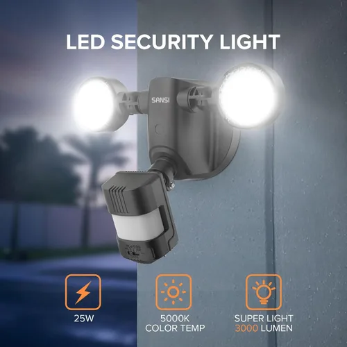 Vista 7 de SANSI - Luces de seguridad LED de 25 W con sensor de movimiento para exteriores, 3000 lm, 5000 K luz diurna, de atardecer a amanecer, luces
