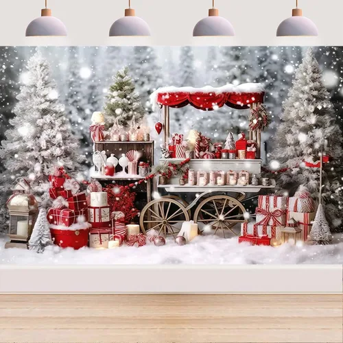 Vista 6 de Telón de fondo de fotos para tienda de cacao caliente de invierno, carrito de madera, decoración del hogar familiar, fondos de fiesta de vacaciones