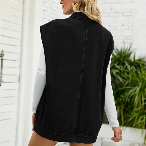 Vista 2 de HOULENGS Chaleco de mezclilla de gran tamaño para mujer, sin mangas, con botones, solapa y bolsillos
