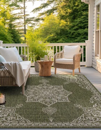 Vista 24 de Unique Loom Alfombra de la colección tradicional para exteriores, antigua (4 pies 1 pulgada, redonda, verde azulado/gris)
