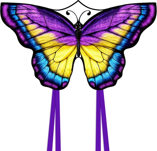 Vista 10 de Mariposa enorme cometa para niños y adultos, cuerda de una sola línea con cola fácil de volar para viajes a la playa, parque, juegos y actividades