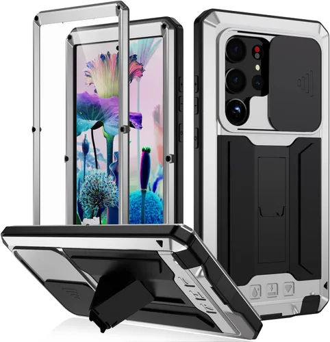 Vista 9 de Funda rígida de metal compatible con Samsung Galaxy S21 Ultra con protector de pantalla y protector de lente, resistente a prueba de polvo de grado