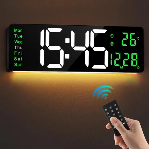 Vista 9 de LEIKE Reloj de pared digital grande de 16 pulgadas, control remoto, 2 alarmas, pantalla LED, DST automático, temperatura, reloj de luz nocturna