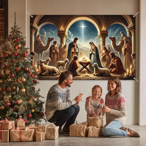Vista 2 de BlissYard Pancarta de Escena de la Natividad 71x43 Pulgadas Pancarta de Escena del Pesebre de Noche Santa Fondo Religioso Cristiano para Iglesia