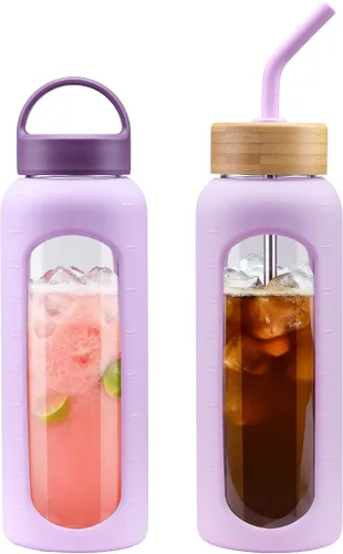 Vista 12 de WINSA - Botella de agua de vidrio de 24 onzas, vaso de vidrio con popote, botellas reutilizables con 2 tapas - Tapa con asa y tapa de bambú