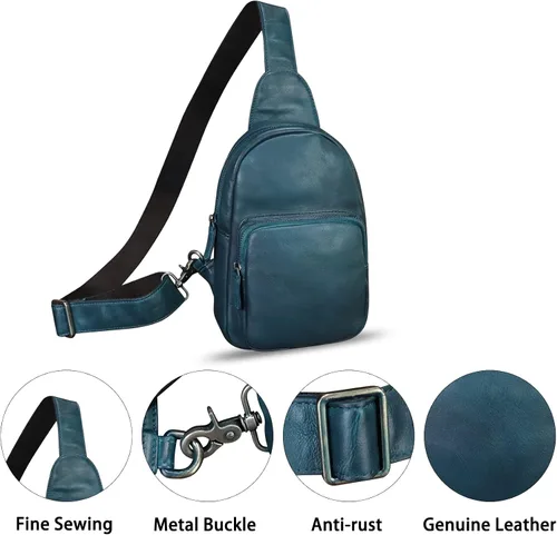 Vista 3 de Bolso de cuero genuino para mujeres y hombres, hecho a mano, de cuero, bolso cruzado, Azul, Mochilas Sling