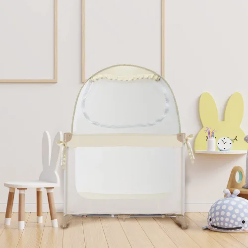 Vista 6 de L RUNNZER Tienda de campaña desplegable Pack N Play, red de bebé para mantener a los niños pequeños, mini toldo para cuna para empacar y jugar Beige