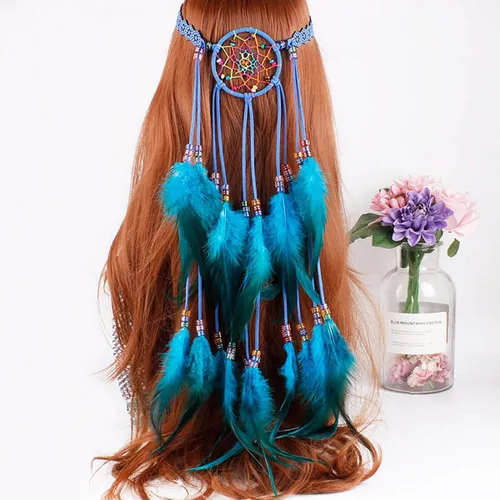 Vista 3 de Fodattm Diadema bohemia hecha a mano con plumas atrapasueños tocado tocado hippie estilo indio diadema tocado (azul)